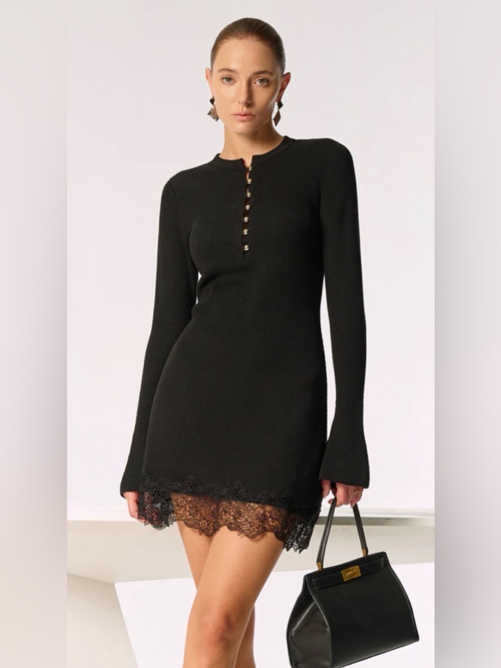 Commense Black Long-Sleeve Lace-Hem Dress with Button Details